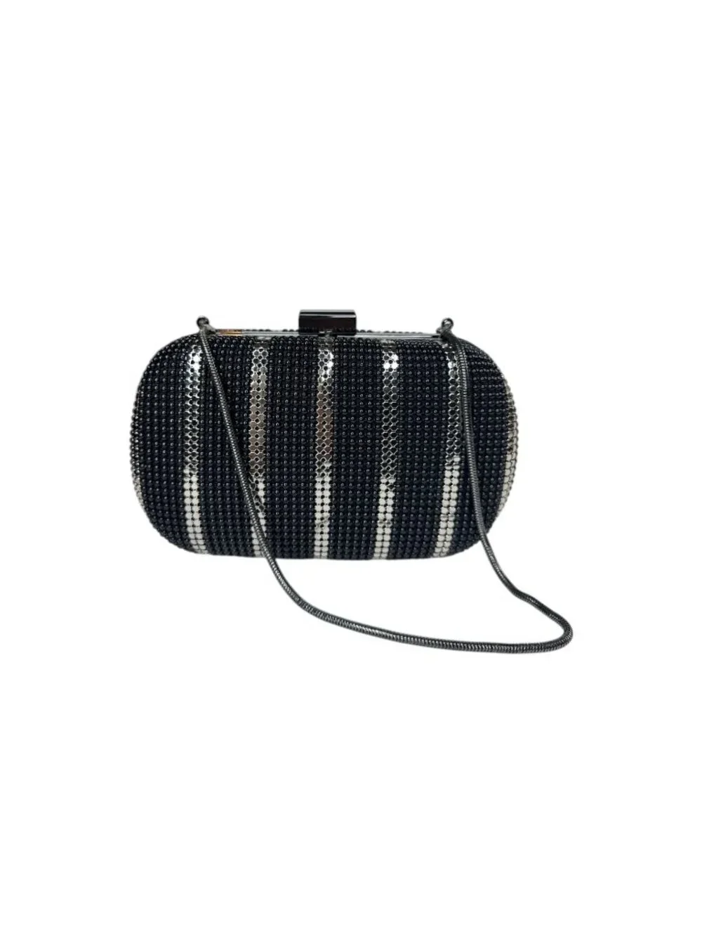 Whiting & Davis Minaudière Black & Silver Mesh Striped Hardcase Clutch Purse